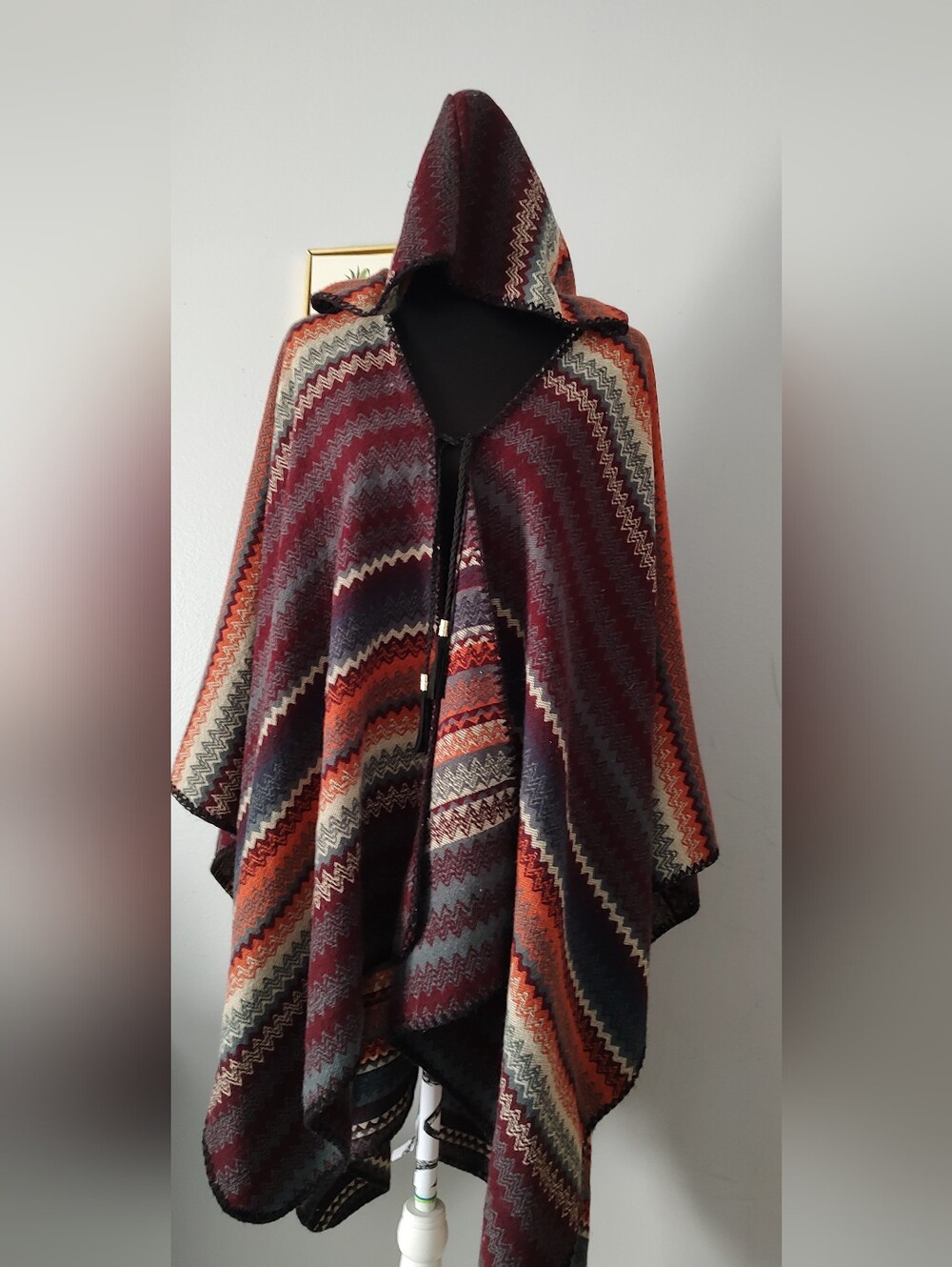 Hooded Chevron Knit Poncho in Burgundy & Rust - Picture 2 of 11